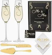 Wedding Cake Knife And Server Set Mr Mrs Champagne Flutes, Bride And Groom Gold Engraved Toasting Glasses With Cocktail Napkins Cake Cutting Set For Wedding, Personalized Engagement Gifts For Couple