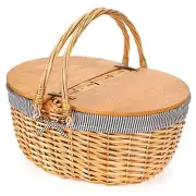 Wicker Picnic Basket with Liner, Wooden Split Lid Picnic Basket, Grey Stripe