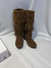 MINNETONKA 3 Tier Fringe Brown Suede Mid Calf Boots Size 6 NEW With Box