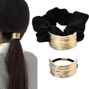2 PCS Metal Ponytail Hair Cuff Gold Hair Ties Wrap for Women Girls Geometric Hair Elastics Ties Gold Ponytail Ring Set for Thick Long Hair Scrunchies Ponytail Cuff for Women