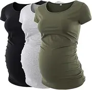 [Love2Mi] Pack of 3 Short Sleeve Maternity Shirt Maternity Fashion T-Shirt Plain Pregnancy Clothing, Black + Grey + Army Green, M