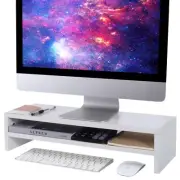 BEYGORM Monitor Stand Riser White 21.6 inch 2 Tiers Wood Desk Shelf Computer ...