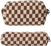 Checkered Makeup Bag - 2Pcs Large Capacity Knitted Cosmetic Bag, Travel Makeup Pouch, Brown