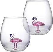Pack of 2 Flamingo Stemless Wine Glasses, 501-600ml Glass Creative Gin Glasses for Women Men, Crystal Stemless Wine Glass Gifts with Flamingo Inside for Valentine's Day Wedding Anniversary (Flamingo)