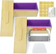 Artcome 42oz Soap Loaf Molds 2 Sets Rectangular Silicone Moulds Wooden Box with Lid, DIY Soap Making Supplies with with Stainless Steel Wavy Scraper and Plastic Straight Cutter