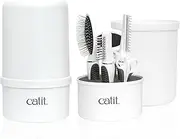 Catit Grooming Kit for Medium-Longhaired Cats. Canister includes 5 tools: Pin brush, Long dematter, metal slicker brush, grooming comb with rolling pins and curved nail clippers