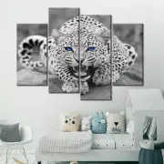 Black & White Blue Eyed Leopard Cat Framed 4 Piece Animal Canvas Wall Art Painti