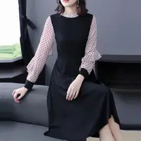 在飛比找momo購物網優惠-【ALICAI 艾麗彩】淡粉黑點點印花假兩件長洋裝(S-2X