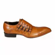 Handmade Men's Leather Beige Color Rounded Toe Five Buckle Strap Monk Shoes-471