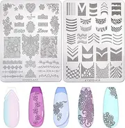 Qianyu 2Pcs Nail Stamping Plates Stainless Steel Nail Art Stamp Template Reusable Nail Decor Pattern Plates Manicure Stencils Printing Tool for Women Girls DIY Salon Design Home Supplies Accessories