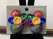 Vintage Acrylic Clip Earrings Plastic Colorful Multi Colors & Shapes 2" Drop