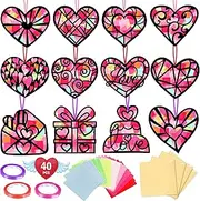 Renbuzhu 40PCS Valentines Day Crafts for Kids - Paper Heart Suncatchers, Valentine's Classroom DIY Kits, Window Stained Glass Effect Art Supplies