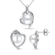 Amour Sterling Silver FW Pearl & Diamond Heart Stud Earrings Pendant & Chain Set