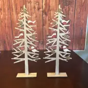 Christmas Holiday Tree Wood Tabletop Decoration Bird And Snow Flake 18” Set Of 2