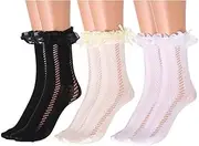 [IYOU] 3 Pairs Knee Socks Black Bow Ruffle Ankle Socks Wedding Communion Fishnet Lace Eyelet Trimming Socks for Girls, White, 2-12 Jahre