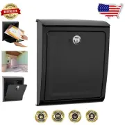 Galvanized Steel Wall-Mounted Mailbox with Lock and Key - Black Finish