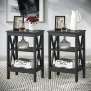 VECELO 2-Piece Black 3-Tier Nightstand Wooden Sofa Table Storage Shelve Stable L