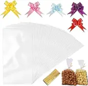 Esforzarse 200 Pcs Transparent Cellophane Bag, Cellophane Treat Bags with Twist Ties and Bows, Clear Goodie Bags with Twist Ties, Cellophane Bags,Clear Cellophane Bags,Christmas Treat Bags(25cm x 15cm)