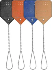 4 Pieces Leather Fly Swatter Long Handle Manual Swat Metal Handle Flyswatter Colorful Rustic Fly Swatter for Kitchen Home Indoor Outdoor, 4 Colors(Roy