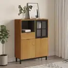 Stylish Highboard Cabinet With Glass Door Wooden Sideboard Cupboard Storage