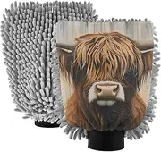 XYMZR Retro Highland Cow Rusitc Absorbent Microfiber Car Wash Mitt, Funny Cute Anime Scratch Free for Cars Cleaning, Home Cleaning Mitts, 2 Pack, 10.24” L x 7.09” W