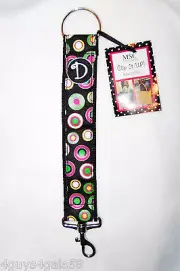 Purse Key Chain BAG CLIP 8" Black Strap BOLD POLKA DOTS MSC Monogram Letter D