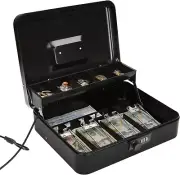 Jssmst Large Locking Cash Box with Money Tray, Metal Money Box Black