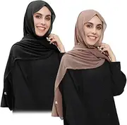 [Besforta] 2Pcs Women Instant Chiffon Hijab with Built-in-Magnet and Sewn Undercap Chiffon Head Wrap Under Scarf Caps