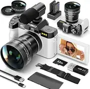 NBD 48MP Digital Cameras for Photography - 16X Zoom Travel Camera with 180° Flip Screen, 4K Vlogging Cameras Fotograficas for YouTube, Auto Focus, Macro Lens, 2 Batteries & 32GB SD Card（White）