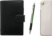 Eco B7 Cowhide Leather Mini Notebook and Horizontal Hook Pen Case White Metal & Pitch Grip Ballpoint Pen Set Green LS002B-NK01W-WZ2067BP-G