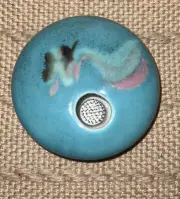 Georgetown Pottery Ikebana Vase w/Metal Frog, Blue, 1.5”H x 4.75” Diameter