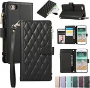 ELEPIK for iPhone 6/7/8/SE2/SE3 Case, Adjustable Crossbody Wallet Case with Card Holder, Kickstand, Wristlet for Women Men, Durable PU Leather Magnetic Phone Case for iPhone 6/7/8/SE2/SE3, Black