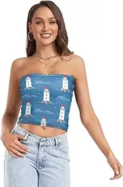 [RPLIFE] Whimsical Sweet Lighthouse Blue Womens Crop Tube Top, Strapless Tops Going Out, Mesh Tube Tops, Sexy Tube Tops (S)