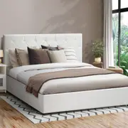 1x Oikiture Bed Frame Double Size Gas Lift Storage Base White Leather COTI