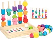 1Set Montessori Wooden Beads Sequencing Toy Set, Stacking Block Toy with Storage Box, STEM Preschool Learning Toys, Lacing Beads & Matching Shape Stacker for 2 3 4 5 Year Old Childs