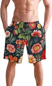 [XYMZR] Colorful Flower Black Men's Swim Trunks Quick-Dry Bathing Suit Swimming Board Shorts S