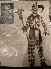 Sinister Jester Clown Costume Belt Mask Pants Tunic Headpiece Halloween XL 14-16