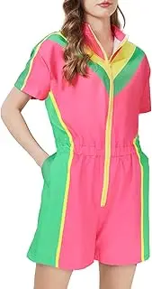 [Ezuwail] 80s Rompers for Women Color Block Jumpsuit Retro Summer One Piece Outfits 90s Tracksuit Short Sleeve Track Suit