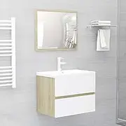 2 Piece Bathroom Furniture Set White and Sonoma Oak Engineered Wood,Modern Bathroom Furniture Set with Ample Storage and Mirror for Tidy Bathroom Furniture Sets