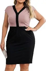 [Hanna Nikole] Women's Plus Size Formal Business Midi Dress with Cap Sleeves, Colour Block, V-Neck, Hip Dress 2025, Grey/Pink, 20 Plus