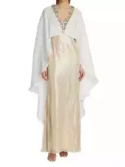 Badgley Mischka Sequined Cape Dress Gold sz 0 Modest $1300 NWT OSCAR GALA MOB