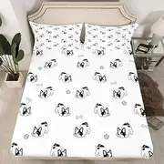 Cartoon Dogs Kids Fitted Sheet Queen Size,Cute Animals Pets Lovely Toddler Bedding Set,Girls Boys Adults Room Decor,Cute Pugs Kawaii Bed Cover,Black White Chic Bed Sheet,2 Pillowcases