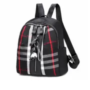 Casual Plaid Pattern Oxford Backpack Lady Handbag with Bear Accessories (Black)