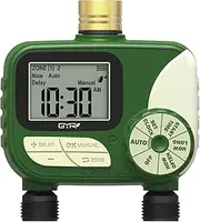 GMR Irrigation Computer with Brass Inlet, Garden Hose Irrigation Control, Watering Timer with Rain Delay/Manual/Automatic, Garden Irrigation System, 2 Outlets