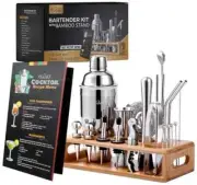 TeaVas 25pc Bartender Set with Bamboo Stand Stainless Steel Cocktail Making Kit