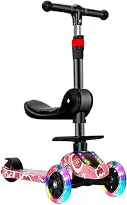 Children's Three-Wheeled Scooter PU Wheeled Scooter with LED Lights, Adjustable Handlebar Height, Suitable for Children Over 2 Years Old(Doodle Candy Flash Wheel + seat + Music)