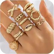 [Generisch] Pack of 10 Chunky Ring Women's Gold Silver Chunky Rings Stackable Gold Ring Silver Ring Golden Thick Knuckle Rings Finger Ring Statement Rings Jewellery for Women Girls