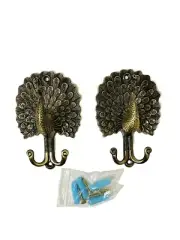 1 Pair Peacock Vintage Style Brass bronze Wall Hook Clothes and More - NEW