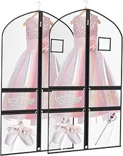 [JIUSEGE] 2 Pack Kids Garment Bag for Dance Costume, 40 Inch Waterproof Clear Clothes Hanging Covers, Dustproof Garment Protector for Closet Storage With 4 Large Zipper Pockets for Ballet, Theatre, Competitions