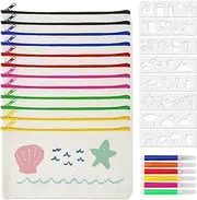 Pack of 12 Pencil Cases for Painting, 21 x 12 cm Canvas Pencil Case for Painting, DIY Blank Fabric Bag with 8 Drawing Templates and 6 Colouring Pencils, Children's Fabric Pencil Case for School